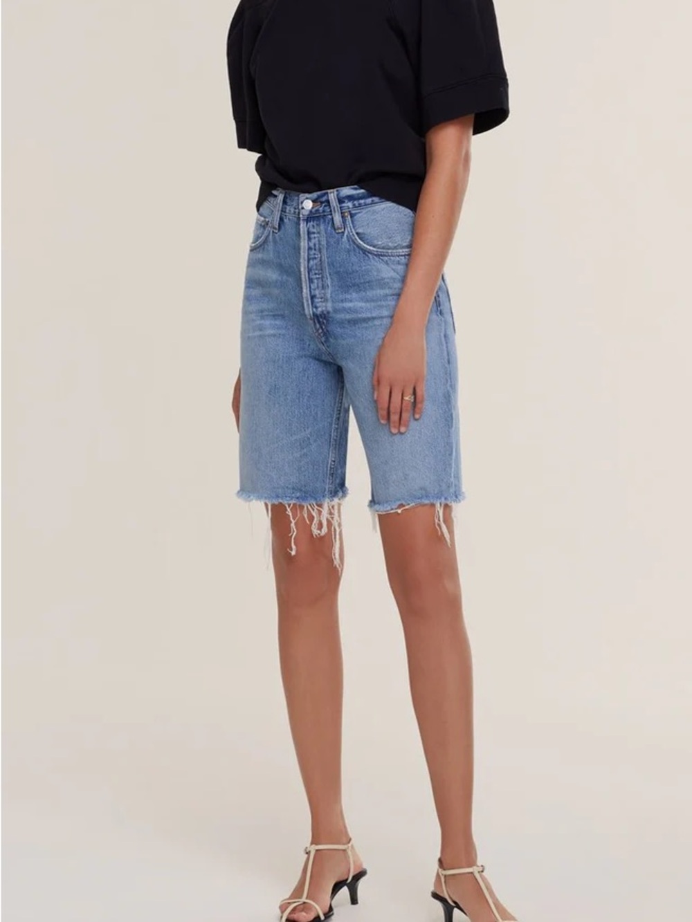Agolde Light Blue High-Rise Frayed Denim Bermuda Shorts 90’s cut